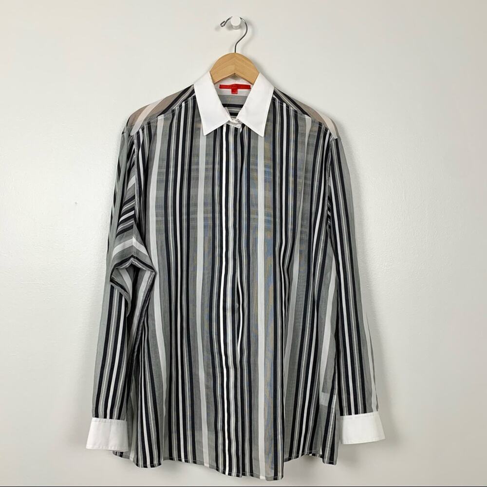 Shamask Striped Sheer Hidden Button Up Top